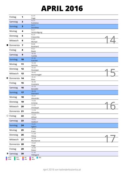 Kalender April 2016 im Hochformat mit Notizbereich
