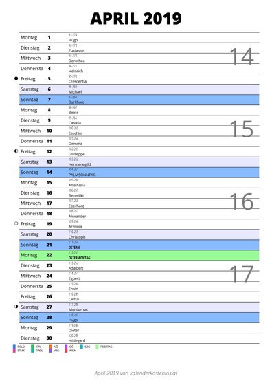 Kalender April 2019 im Hochformat mit Notizbereich