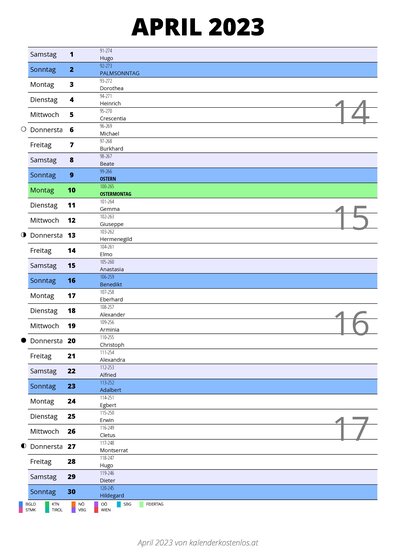 Kalender April 2023 im Hochformat mit Notizbereich