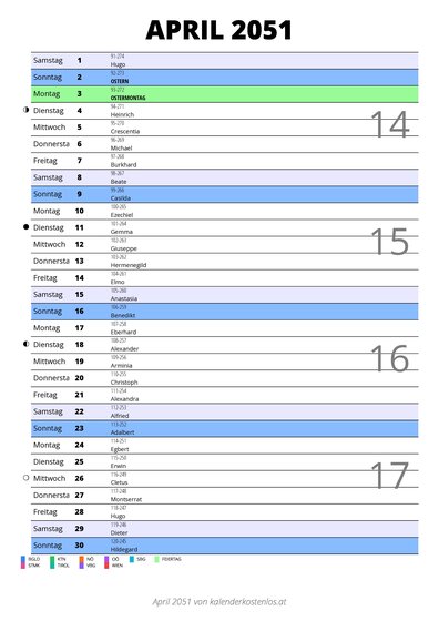 Kalender April 2051 im Hochformat mit Notizbereich