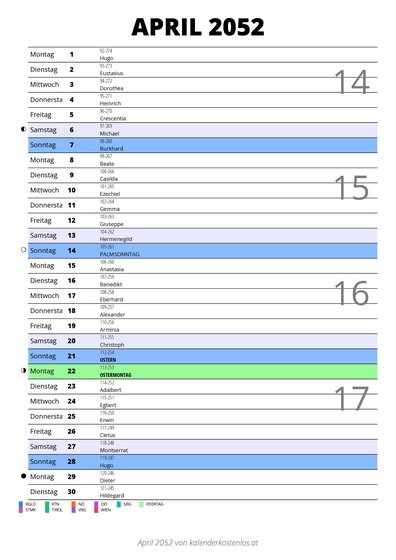 Kalender April 2052 im Hochformat mit Notizbereich