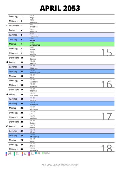 Kalender April 2053 im Hochformat mit Notizbereich
