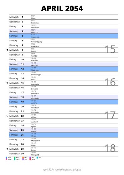 Kalender April 2054 im Hochformat mit Notizbereich