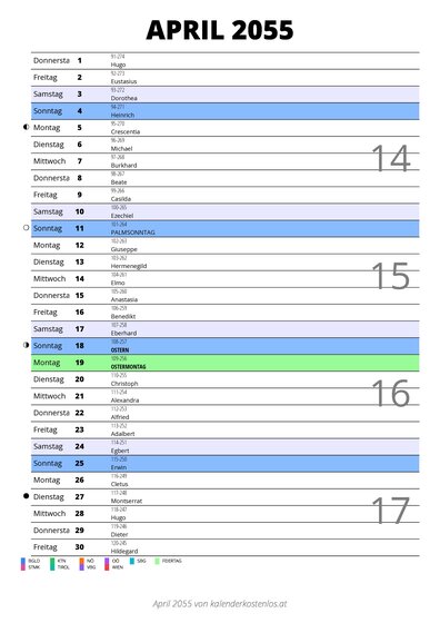 Kalender April 2055 im Hochformat mit Notizbereich