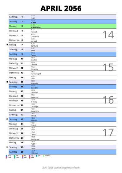 Kalender April 2056 im Hochformat mit Notizbereich
