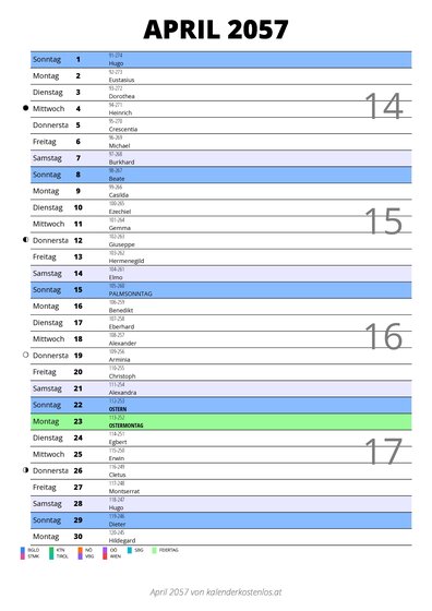 Kalender April 2057 im Hochformat mit Notizbereich