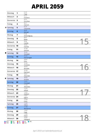 Kalender April 2059 im Hochformat mit Notizbereich