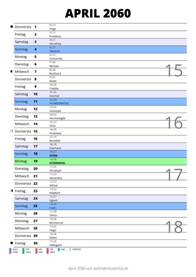 Kalender April 2060 im Hochformat mit Notizbereich