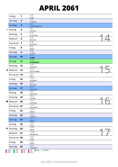 Kalender April 2061 im Hochformat mit Notizbereich