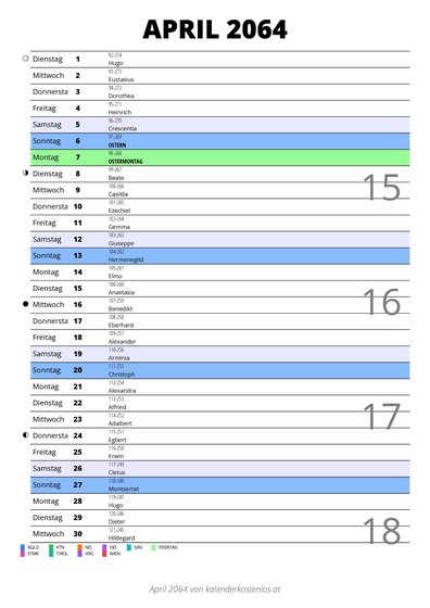 Kalender April 2064 im Hochformat mit Notizbereich