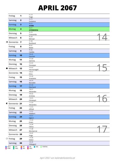 Kalender April 2067 im Hochformat mit Notizbereich