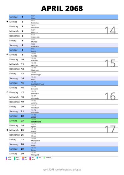 Kalender April 2068 im Hochformat mit Notizbereich