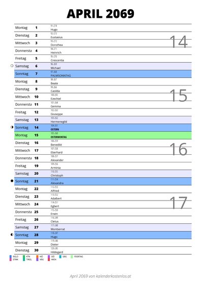 Kalender April 2069 im Hochformat mit Notizbereich