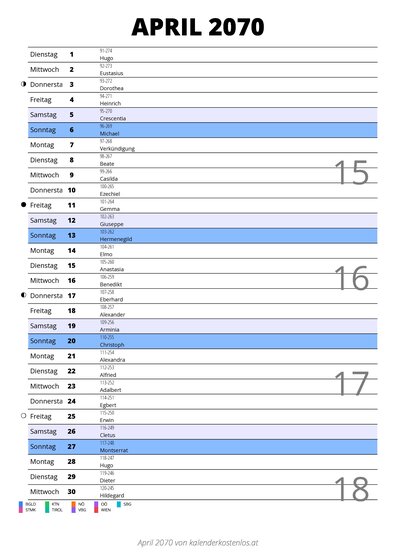 Kalender April 2070 im Hochformat mit Notizbereich
