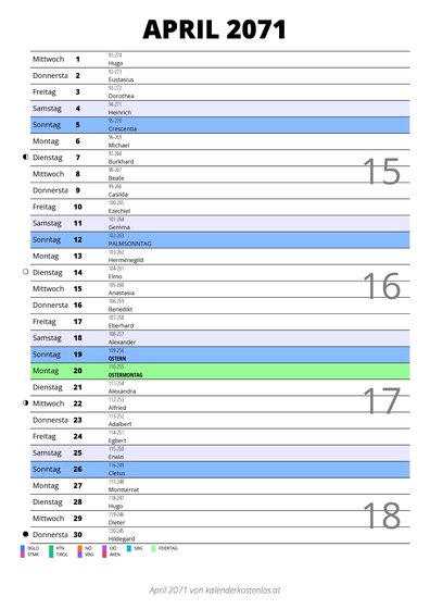 Kalender April 2071 im Hochformat mit Notizbereich