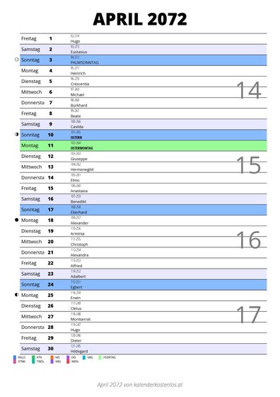Kalender April 2072 im Hochformat mit Notizbereich