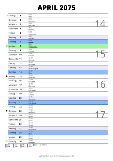 Kalender April 2075 im Hochformat mit Notizbereich