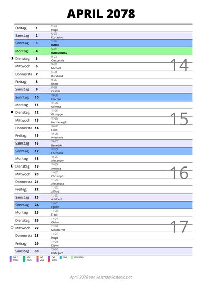 Kalender April 2078 im Hochformat mit Notizbereich