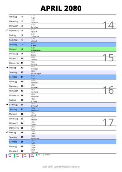 Kalender April 2080 im Hochformat mit Notizbereich