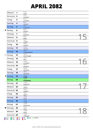 Kalender April 2082 im Hochformat mit Notizbereich