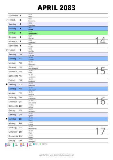 Kalender April 2083 im Hochformat mit Notizbereich