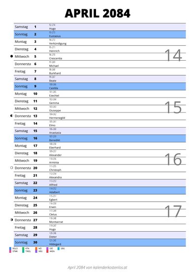 Kalender April 2084 im Hochformat mit Notizbereich