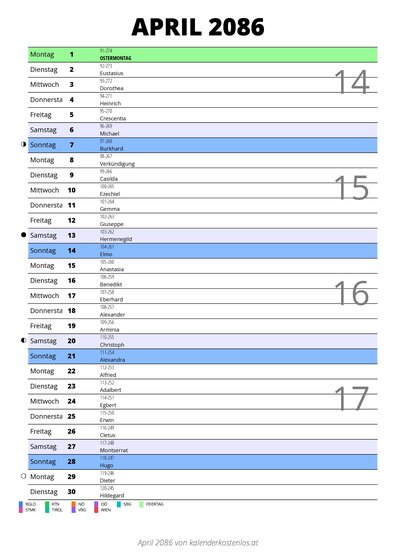 Kalender April 2086 im Hochformat mit Notizbereich