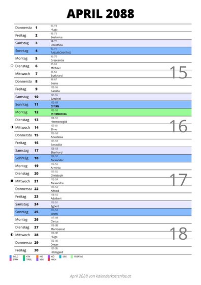 Kalender April 2088 im Hochformat mit Notizbereich