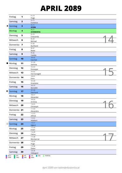 Kalender April 2089 im Hochformat mit Notizbereich