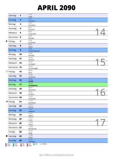 Kalender April 2090 im Hochformat mit Notizbereich