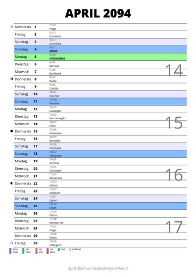 Kalender April 2094 im Hochformat mit Notizbereich