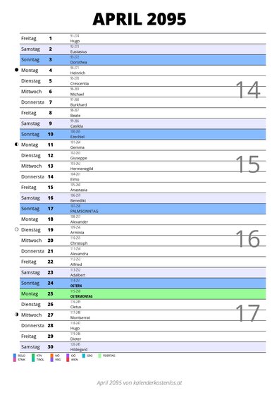 Kalender April 2095 im Hochformat mit Notizbereich