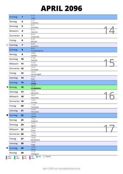 Kalender April 2096 im Hochformat mit Notizbereich