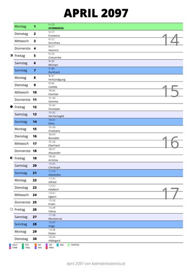 Kalender April 2097 im Hochformat mit Notizbereich