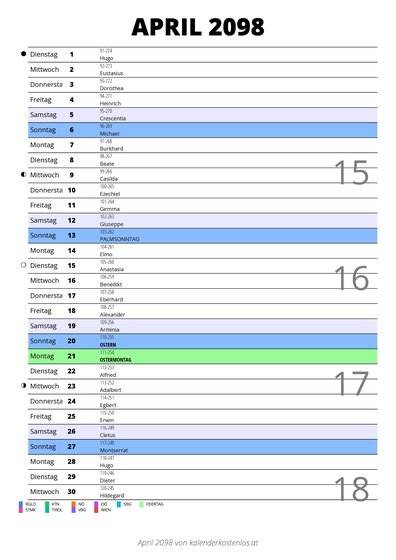 Kalender April 2098 im Hochformat mit Notizbereich