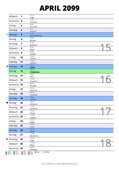 Kalender April 2099 im Hochformat mit Notizbereich
