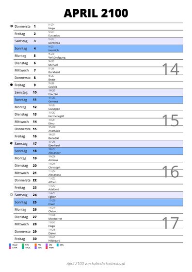 Kalender April 2100 im Hochformat mit Notizbereich