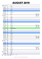 Kalender August 2019 im Hochformat mit Notizbereich