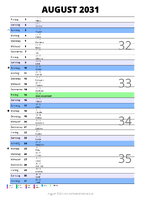 Kalender August 2031 im Hochformat mit Notizbereich