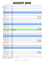 Kalender August 2046 im Hochformat mit Notizbereich