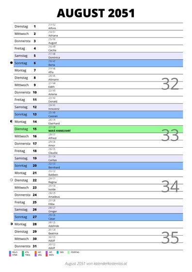 Kalender August 2051 im Hochformat mit Notizbereich