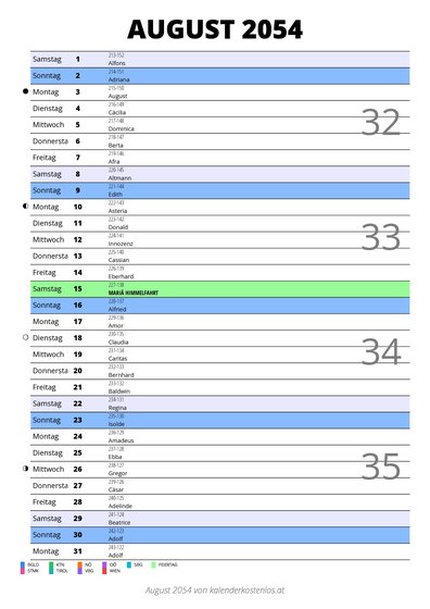Kalender August 2054 im Hochformat mit Notizbereich