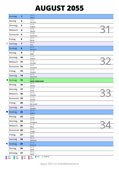 Kalender August 2055 im Hochformat mit Notizbereich