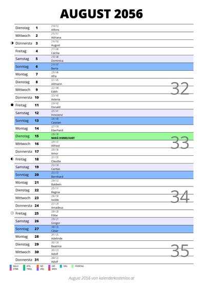 Kalender August 2056 im Hochformat mit Notizbereich