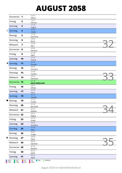 Kalender August 2058 im Hochformat mit Notizbereich