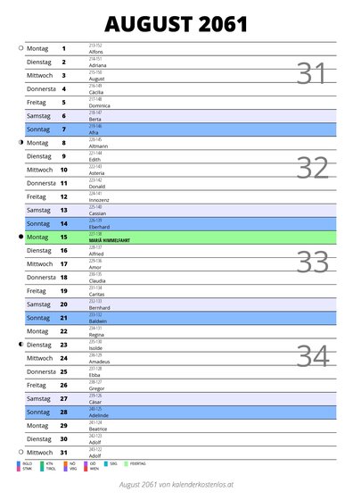 Kalender August 2061 im Hochformat mit Notizbereich