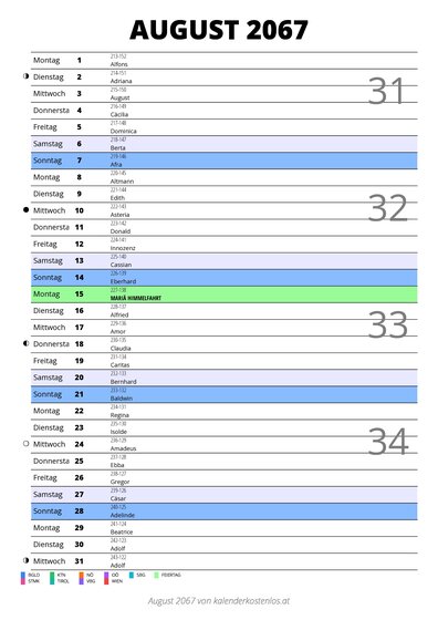 Kalender August 2067 im Hochformat mit Notizbereich