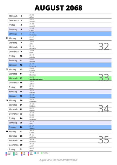 Kalender August 2068 im Hochformat mit Notizbereich