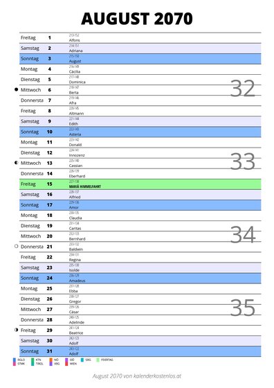 Kalender August 2070 im Hochformat mit Notizbereich