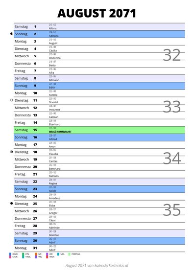 Kalender August 2071 im Hochformat mit Notizbereich